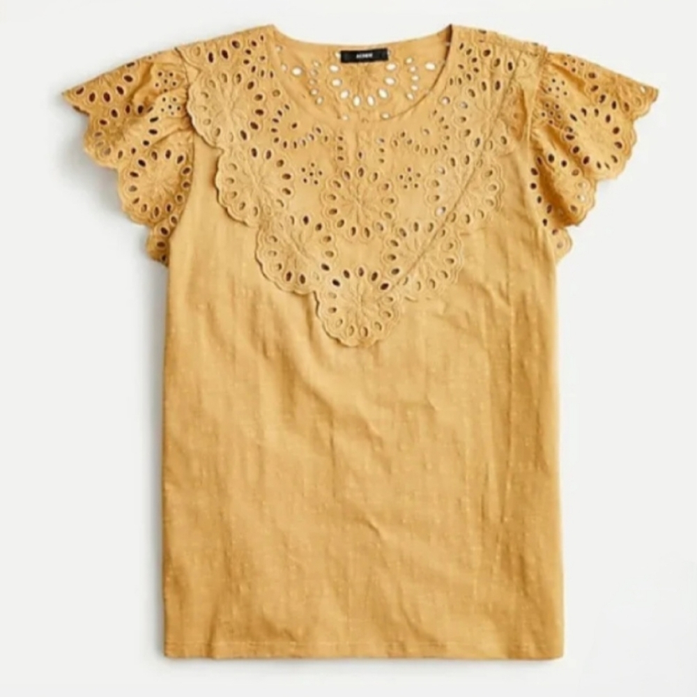 NWT! J. Crew Embroidered eyelet flutter-sleeve T-shirt Honey Brown Sz Sm…